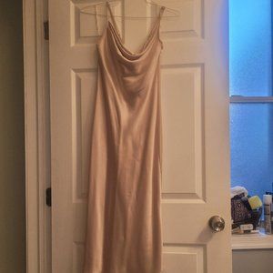 Champagne Cowl Neck Satin Slip Midi Dress